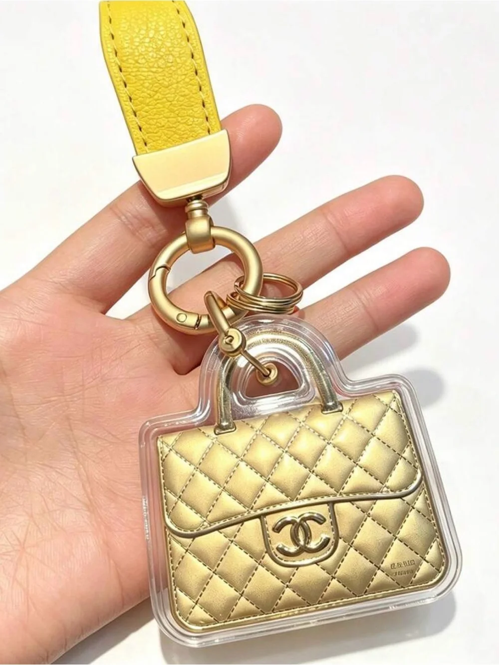Gold Quilted Handbag Key Holder with Yellow Strap